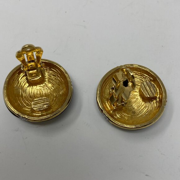 vintage st john round black enamel & rhinestone clip on earrings - Picture 2 of 4